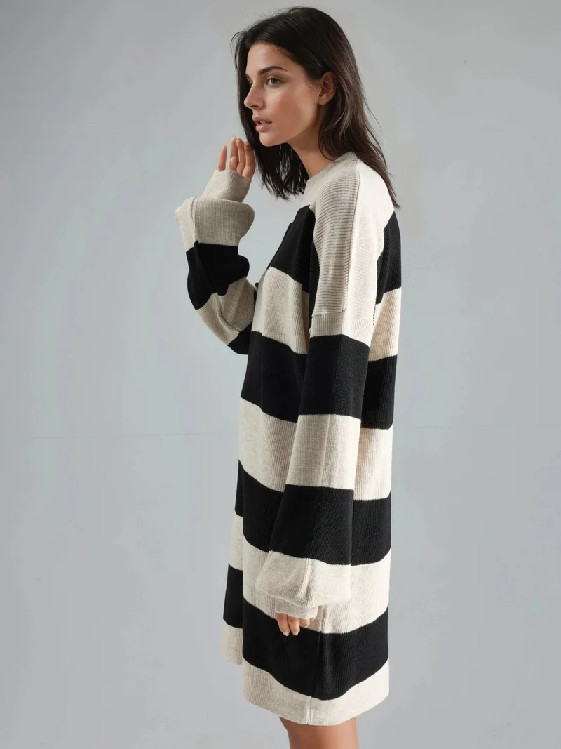 MY FASHION Natural MY FASHION Striped Mini Dress with Crew Neck for Women | Best Price UAE